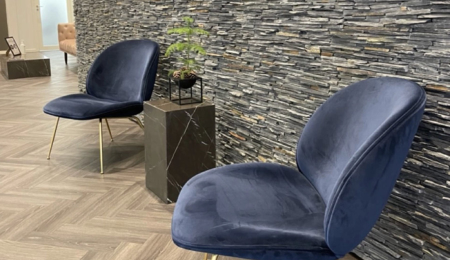 Cerix kliniks moderne, rolige venteområde med to blå velourstole på gyldne ben, sort marmorpiedestal med lille plante, grå skiferstensvæg og fiskebensparketgulv. En reception ses i baggrunden, hvilket giver et komfortabelt ventemiljø. Intet menneske vises; billedet signalerer behandlinger som Botox til ansigtet.