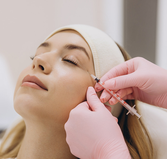 Portræt af kvinde der modtager Botox-injektion ved øjenområdet; Cerix udfører kosmetisk injektionsbehandling i ansigtet, med sundhedspersonale iført rosa handsker, en nål ved ydersiden af øjet og patient med lukkede øjne og pandebånd, med præcis dosering og kontrolleret teknik for naturligt resultat.