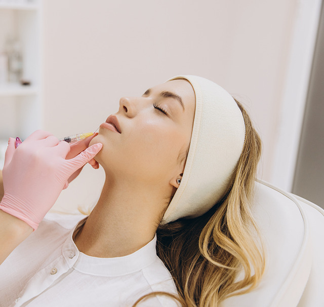 Cerix klinik: En ung kvinde ligger afslappet i en stol, mens en behandler iført rosa handsker injicerer dermal filler i ansigtets nederste del (kæbe og læber). Billedet viser en kosmetisk fillerbehandling af ansigtet med hovedbånd, trukket hår, for volumen og kontur.