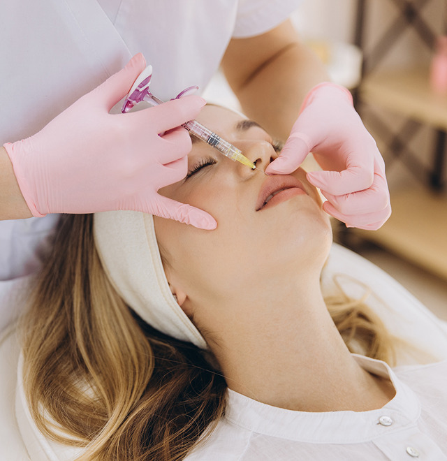 Nærbillede af en kvinde, som får en kosmetisk næsefillers-behandling hos Cerix. En behandler i lyserøde handsker injicerer filler med en sprøjte ved næseryggen. Billedet fokuserer på ansigtet, især næseområdet, ved en ikke-kirurgisk næsekorrektion. Proceduren udføres i klinisk miljø med sterile handsker og præcis teknik, rettet mod form og symmetri.