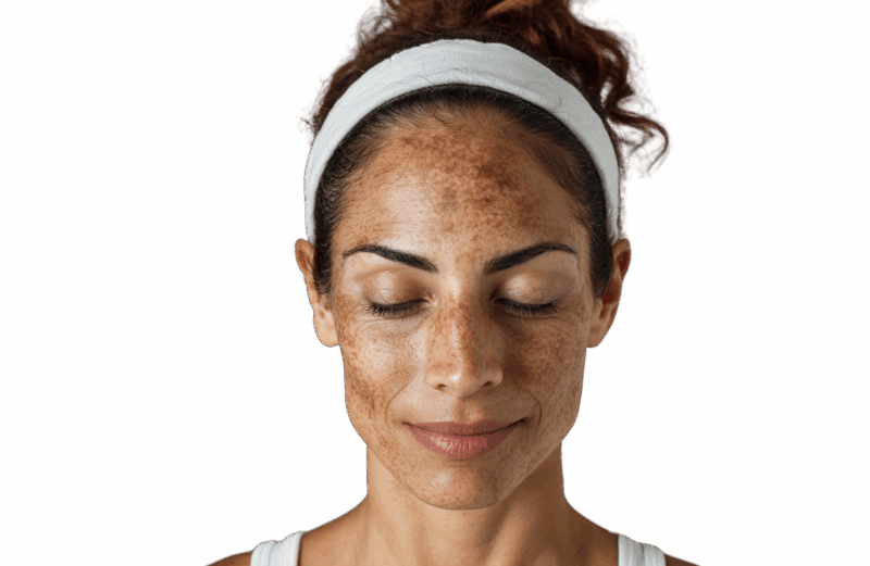 Nærbillede af en kvinde med lukkede øjne, hvis ansigt viser tydelige tegn på pigmentforandringer og solskader. Dette billede bruges af Cerix til at vise hudproblemer i ansigtet, der kan forbedres gennem professionelle behandlinger som for eksempel laser mod pigment.