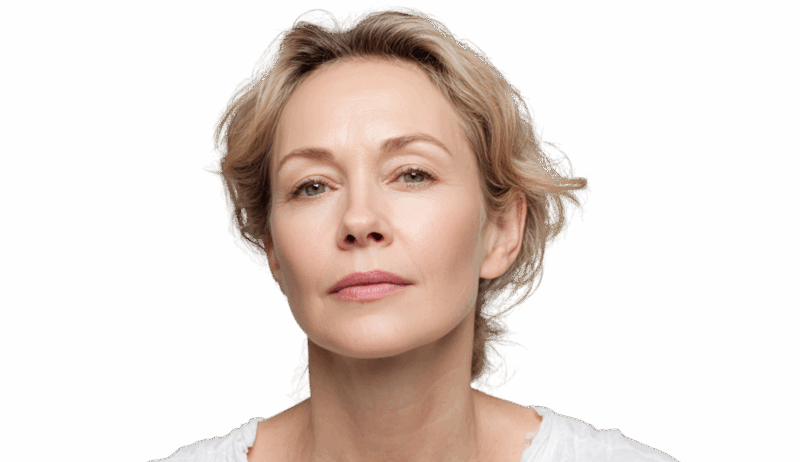 Nærbillede af en midaldrende kvindes ansigt med naturlig, sund hud og blondt hår. Hun kigger direkte på kameraet. Billedet repræsenterer de typer af naturlige resultater, Cerix tilbyder gennem ansigtsbehandlinger som f.eks. Botox, fillers eller generel hudforyngelse for at opfriske udseendet.